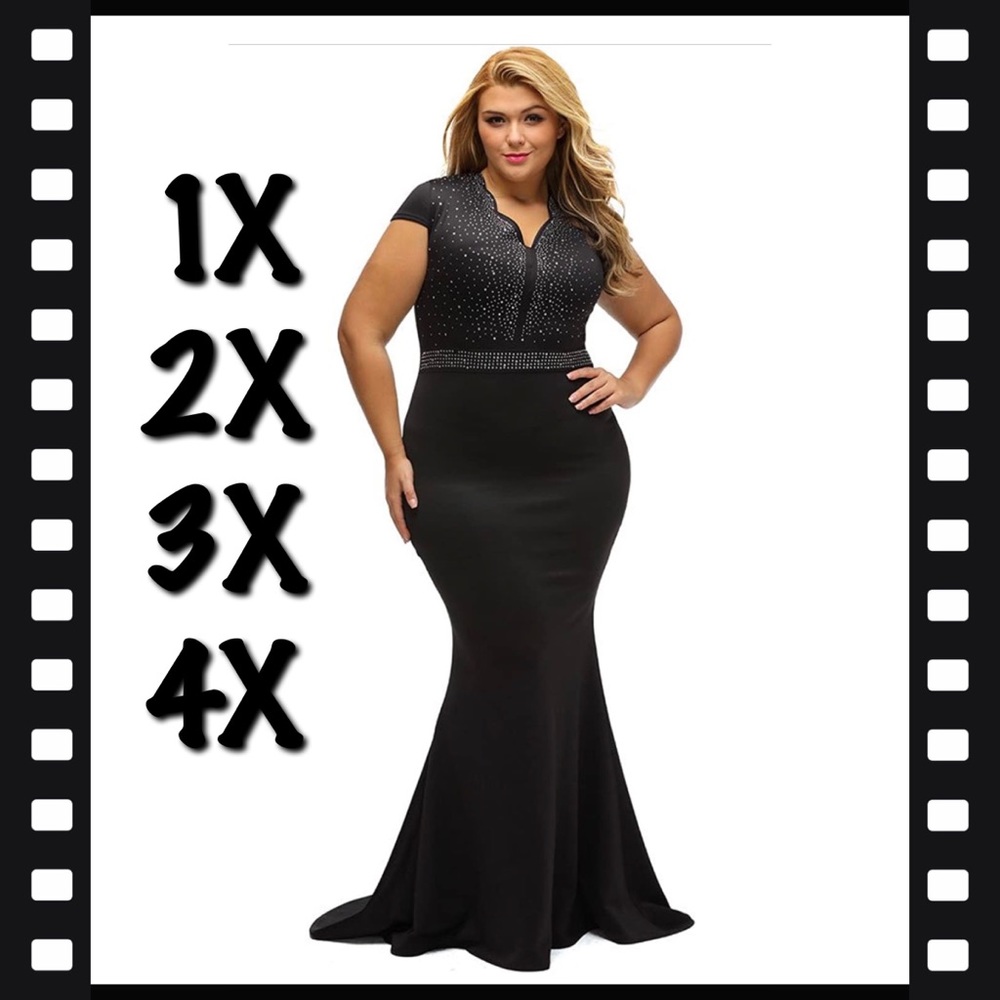 Black Rhinestone Evening Gown Mermaid Cocktail Maxi Dress Plus Size 1X 2X 3X 4X